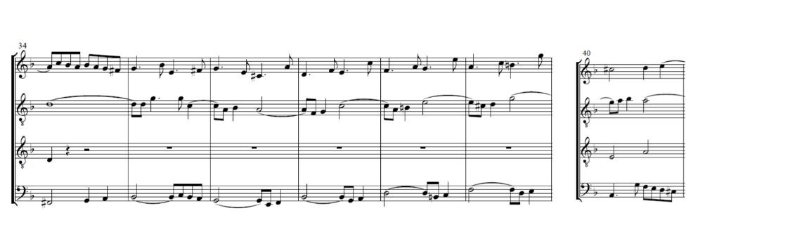 Compases 35-40. Melodía principal en la voz 4, junto a una progresión contrapunteada entre las voces 1 y 2.