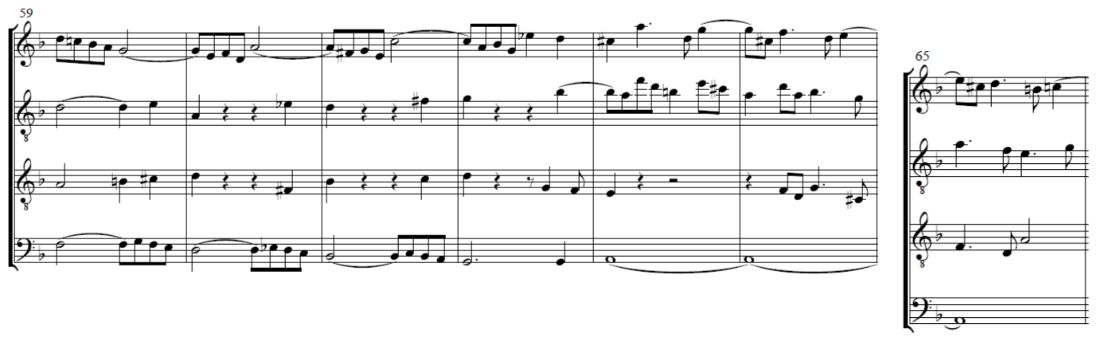 Compases 60-65. Progresión en la voz 4 (cc. 60-61); nexo (c. 62); pedal en la nota la (cc. 63-65); presencia en la voz 1 de un modelo rítmico-melódico similar al de la voz 4 (cc. 60-63).