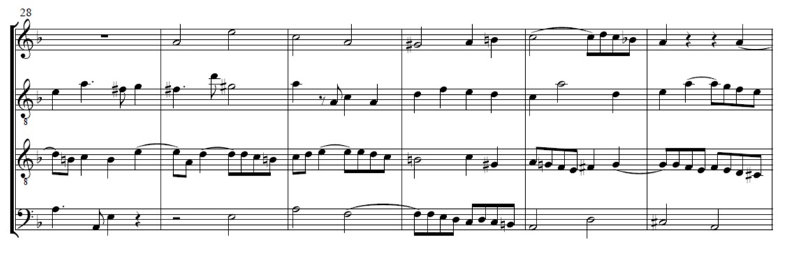 Compases 28-33. Figuración abierta del acorde de la menor en el bajo (c. 28); tema principal en la voz 1, en la menor (c. 29-33).